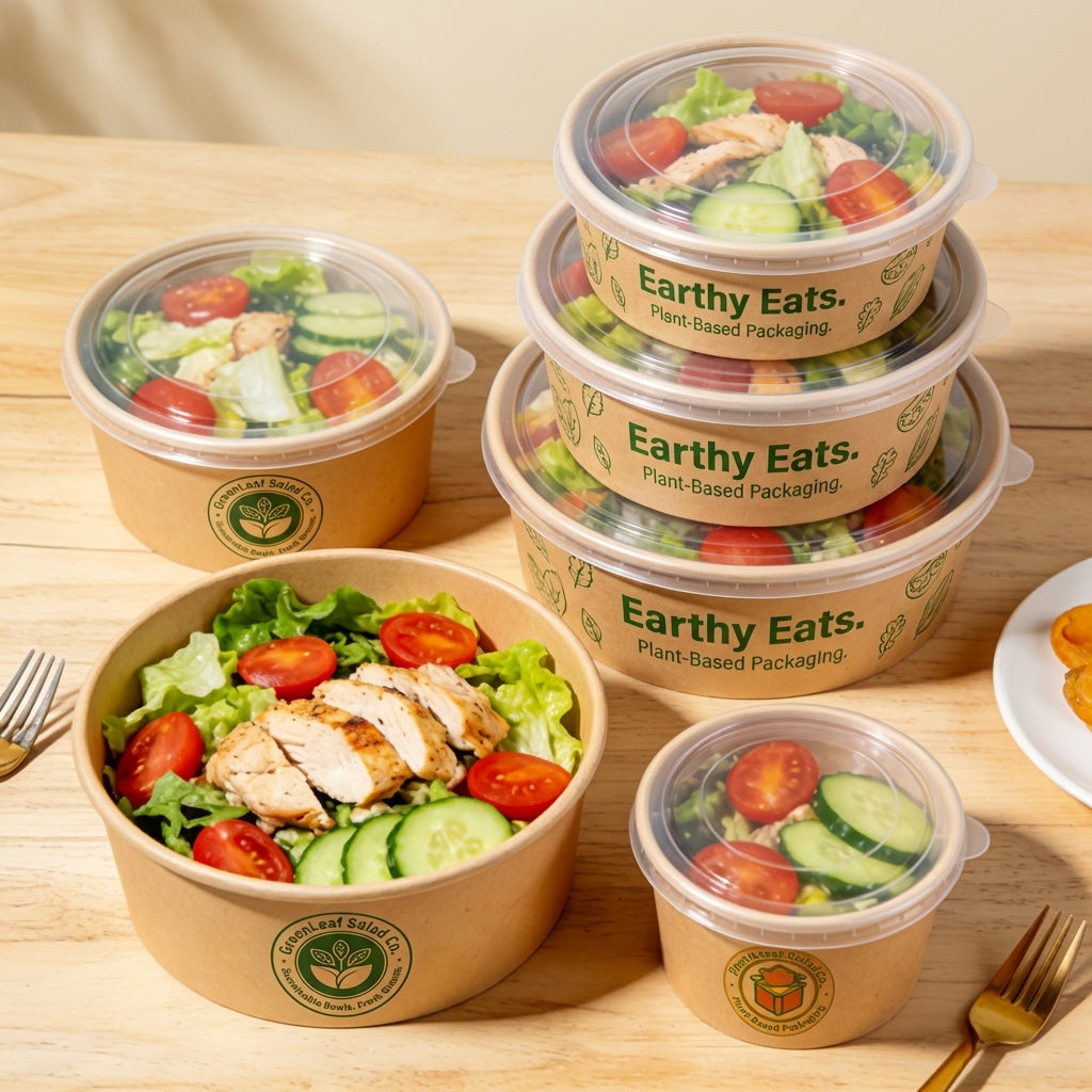 Custom Kraft Paper Salad Bowls with Lids