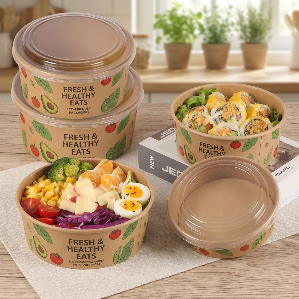 Custom Kraft Paper Salad Bowls with Lids