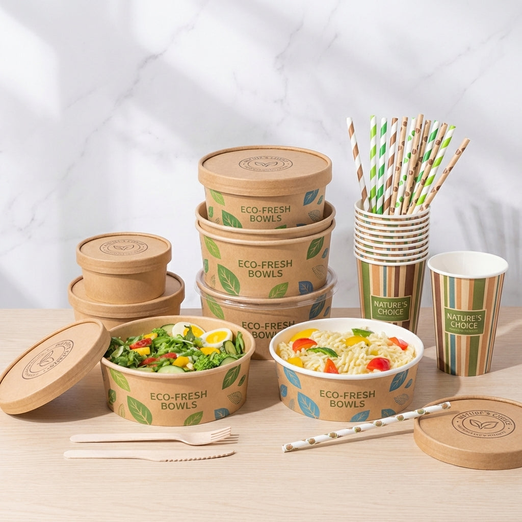 Custom Kraft Paper Salad Bowls with Lids